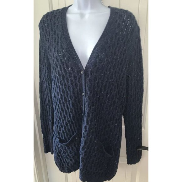 Lands' End Sweaters - Lands End Flecked Navy Blue Cotton Blend Chunky Knit Cardigan Sweater Sz ?? EUC